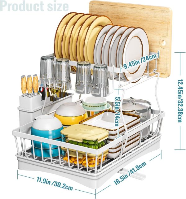 2-Tier Dish Drying Rack with Drainboard and Utensil Holder, Kitchen Counter Drainer Organizer