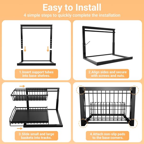 Adjustable L-Shaped Under Sink Organizer with Sliding Drawers, Metal Storage Rack for Kitchen & Bathroom
