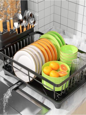 Compact Dish Drying Rack with Drainboard & 360° Spout, Kitchen Counter Organizer with Utensil Holder