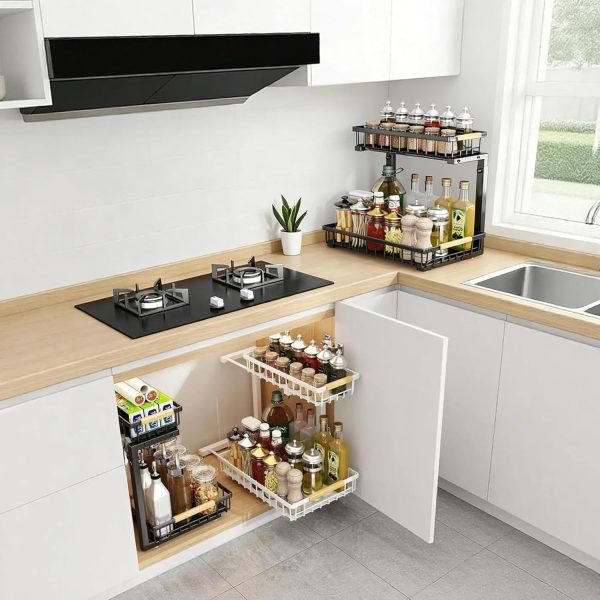 71ZuEsKTLtL._AC_SL1500_ Extra Wide 2-Tier Under Sink Pull-Out Organizer, Heavy Duty Carbon Steel Sliding Storage Rack for Kitchen & Bathroom