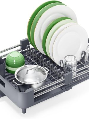 Extendable Dish Drying Rack with Drainage Spout, Stainless Steel Kitchen Counter Organizer