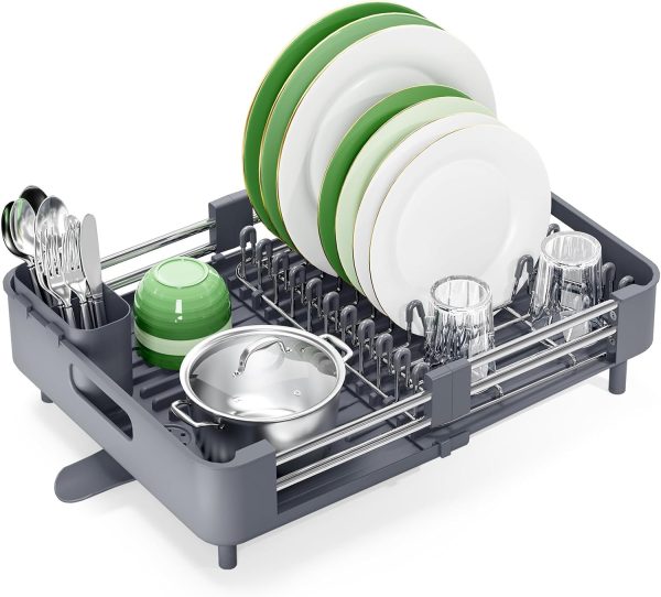 71b5guw79GL._AC_SL1500_ Extendable Dish Drying Rack with Drainage Spout, Stainless Steel Kitchen Counter Organizer