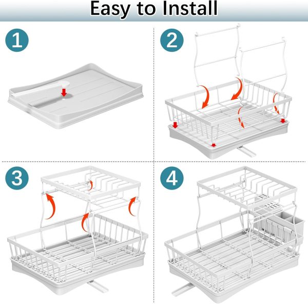 2-Tier Dish Drying Rack with Drainboard and Utensil Holder, Kitchen Counter Drainer Organizer