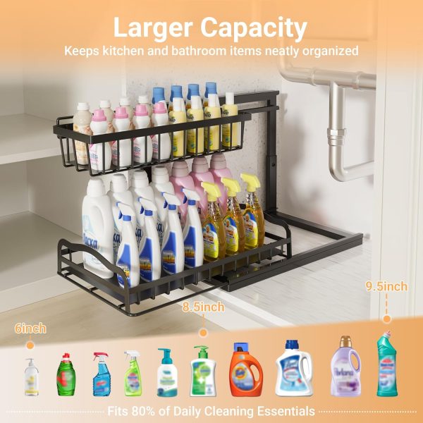 Adjustable L-Shaped Under Sink Organizer with Sliding Drawers, Metal Storage Rack for Kitchen & Bathroom
