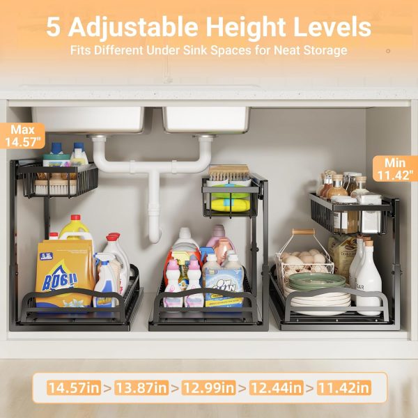 Adjustable L-Shaped Under Sink Organizer with Sliding Drawers, Metal Storage Rack for Kitchen & Bathroom