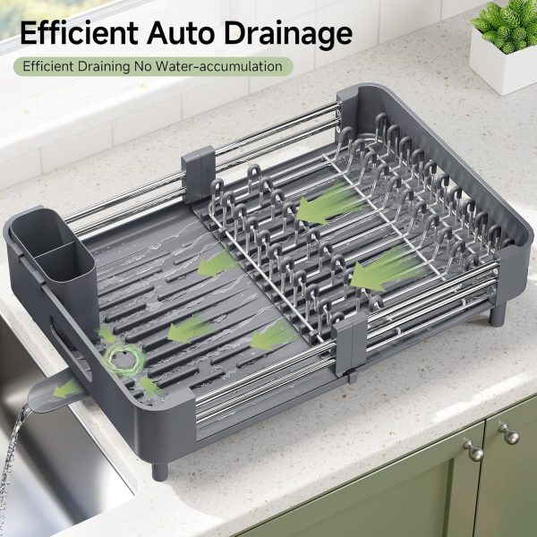 81InJcumQaL._AC_SL1500_ Extendable Dish Drying Rack with Drainage Spout, Stainless Steel Kitchen Counter Organizer