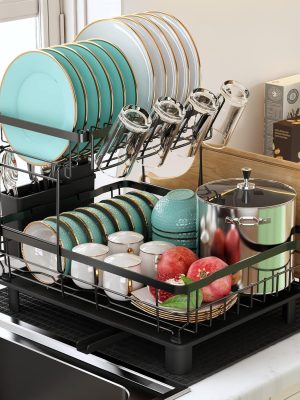 81IpmAX3VaL._AC_SL1500_ 2-Tier Dish Drying Rack with Drainboard & 360° Spout, Large Capacity Kitchen Counter Organizer
