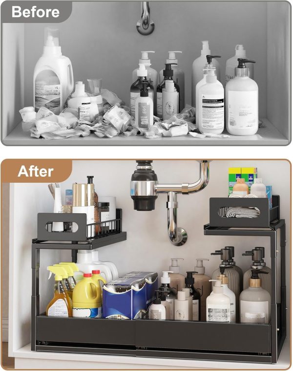L-Shaped Under Sink Storage Shelf, Heavy Duty Pull-Out Organizer for Cleaning Supplies