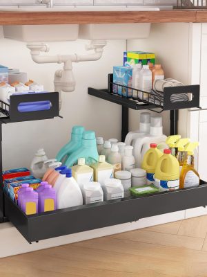 81T4iLc9aOL._AC_SL1500_ L-Shaped Under Sink Storage Shelf, Heavy Duty Pull-Out Organizer for Cleaning Supplies