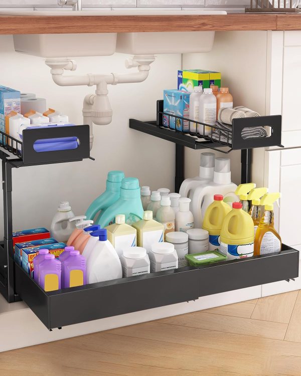 L-Shaped Under Sink Storage Shelf, Heavy Duty Pull-Out Organizer for Cleaning Supplies