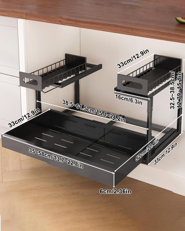 L-Shaped Under Sink Storage Shelf, Heavy Duty Pull-Out Organizer for Cleaning Supplies