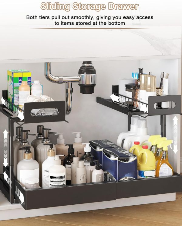 L-Shaped Under Sink Storage Shelf, Heavy Duty Pull-Out Organizer for Cleaning Supplies