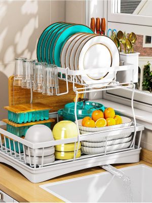 81iZjAPn1yL._AC_SL1500_ 2-Tier Dish Drying Rack with Drainboard and Utensil Holder, Kitchen Counter Drainer Organizer