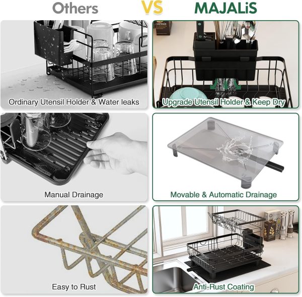 81jJX1btfL._AC_SL1500_ 2-Tier Dish Drying Rack with Drainboard & 360° Spout, Large Capacity Kitchen Counter Organizer