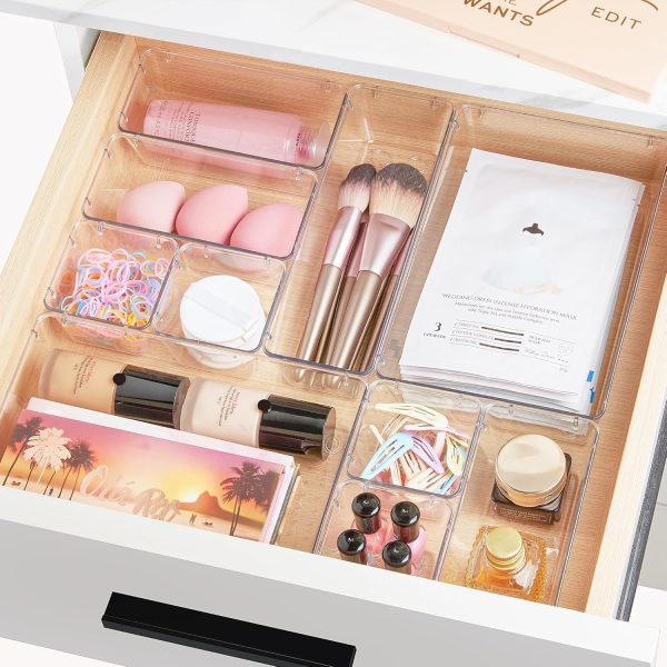 81kW59BwpCL._AC_SL1500_ 25-Piece Drawer Organizer Set, Clear Stackable Plastic Storage Bins for Makeup, Office & Kitchen Drawers