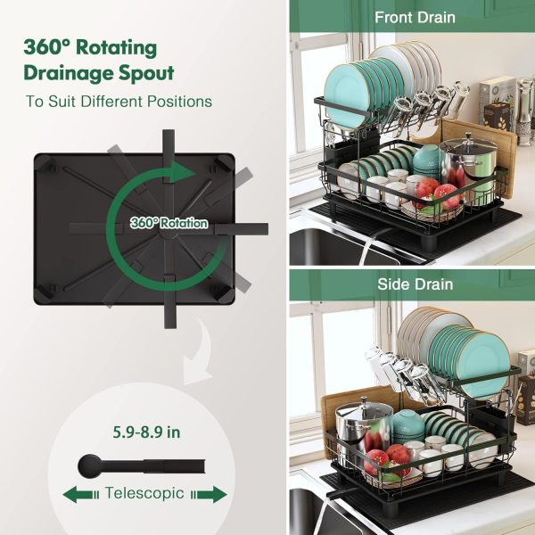 81miQG2svjL._AC_SL1500_ 2-Tier Dish Drying Rack with Drainboard & 360° Spout, Large Capacity Kitchen Counter Organizer
