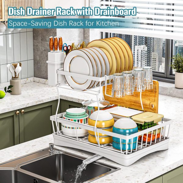 2-Tier Dish Drying Rack with Drainboard and Utensil Holder, Kitchen Counter Drainer Organizer