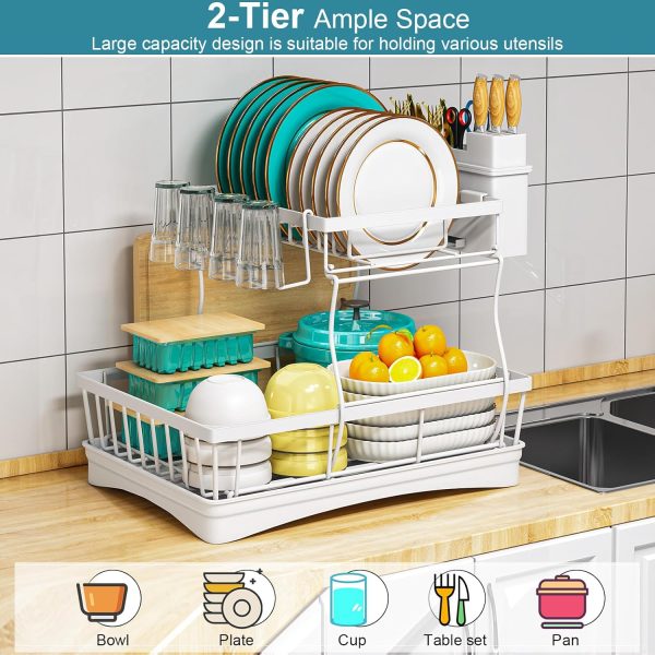 2-Tier Dish Drying Rack with Drainboard and Utensil Holder, Kitchen Counter Drainer Organizer